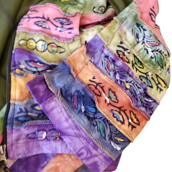 90s Boho Hippie Zipup Jacket Hooded Patchwork Green Handpainted Sun Large - Picture 4 of 15